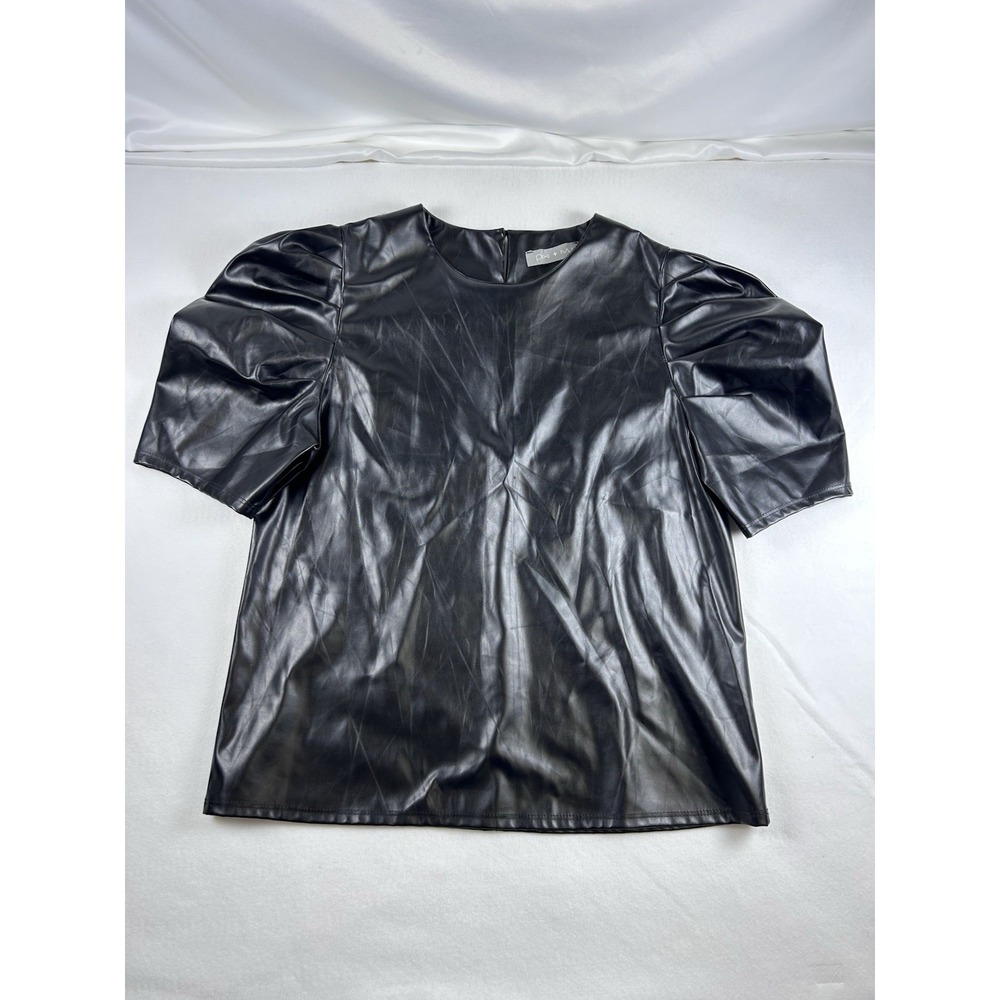 Pixi & Ivy women's L Puff Sleeve Faux‎ Leather Black Round Neck Top Dressy Goth
